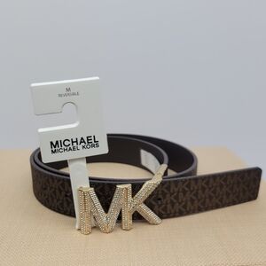 Michael Kors Reversible Dark Brown Belt with Gold MK Buckle